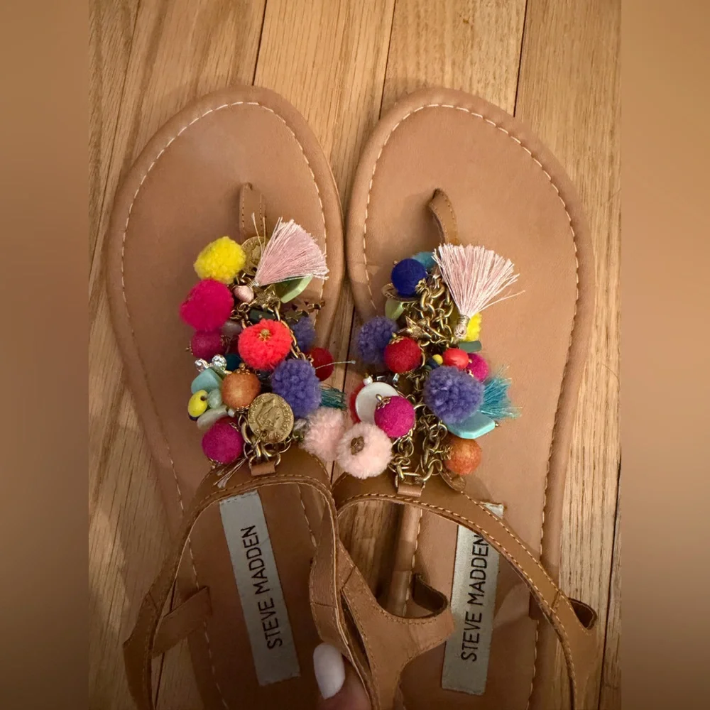 Steve Madden Tan Sandals with Multicolor Pom Poms - Picture 1 of 3